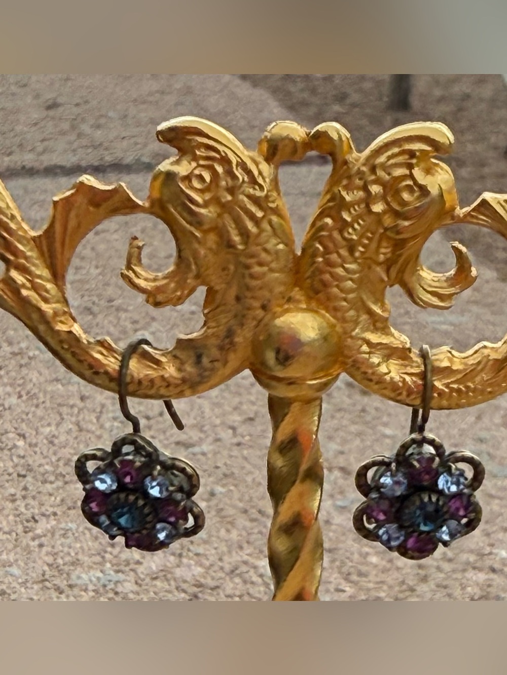 Vintage Kenny Ma San Francisco Rhinestone Flower Drop Earrings Purple Blue